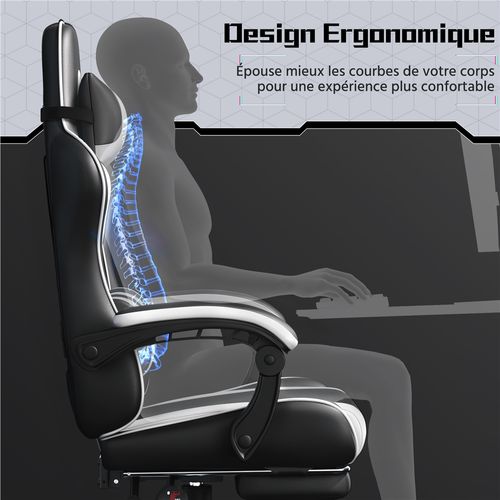 Chaise Gaming Ergonomique Réglable En Hauteur Avec Repose-pieds Et Appui-tête, Noir/blanc
