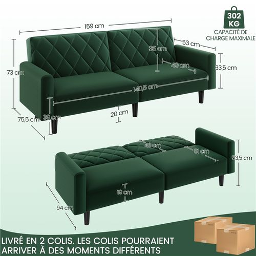 Canapé Droit Convertible En Tissu Canapé 2 Places Avec Dossier Inclinable Et Accoudoirs Vert