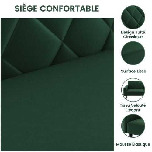 Canapé Droit Convertible En Tissu Canapé 2 Places Avec Dossier Inclinable Et Accoudoirs Vert