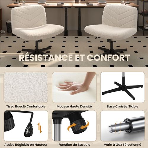 Chaise De Bureau Pivotante En Tissu Bouclette Chaise Sans Accoudoirs à Pied Croisé, Ivoire