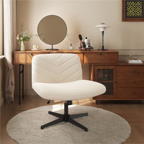 Chaise De Bureau Pivotante En Tissu Bouclette Chaise Sans Accoudoirs à Pied Croisé, Ivoire