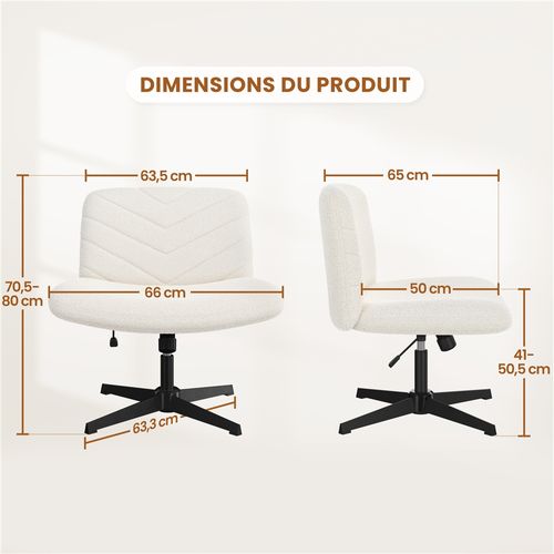 Chaise De Bureau Pivotante En Tissu Bouclette Chaise Sans Accoudoirs à Pied Croisé, Ivoire