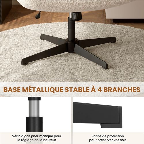 Chaise De Bureau Pivotante En Tissu Bouclette Chaise Sans Accoudoirs à Pied Croisé, Ivoire