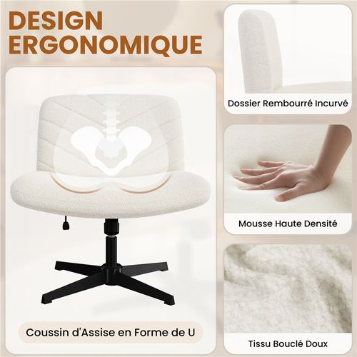Chaise De Bureau Pivotante En Tissu Bouclette Chaise Sans Accoudoirs à Pied Croisé, Ivoire