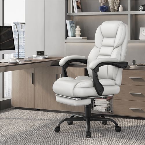 Chaise De Bureau En Similicuir Avec Haut Dossier Inclinable, Assise Réglable En Hauteur, Blanc