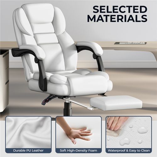 Chaise De Bureau En Similicuir Avec Haut Dossier Inclinable, Assise Réglable En Hauteur, Blanc