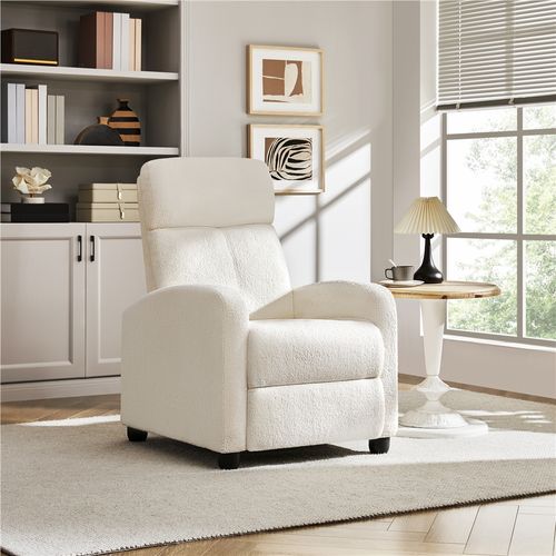 Fauteuil Inclinable En Tissu Bouclette Rembourré Canapé 1 Place Avec Repose Pied, Ivoire