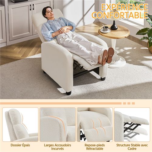Fauteuil Inclinable En Tissu Bouclette Rembourré Canapé 1 Place Avec Repose Pied, Ivoire