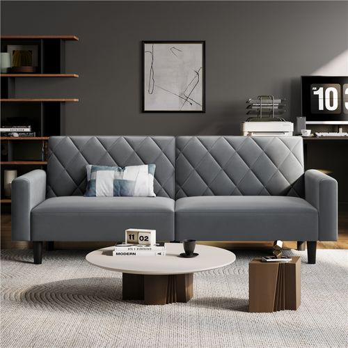 Canapé Droit Convertible En Tissu Canapé-lit Avec Dossier Inclinable Et Accoudoirs, Gris Foncé