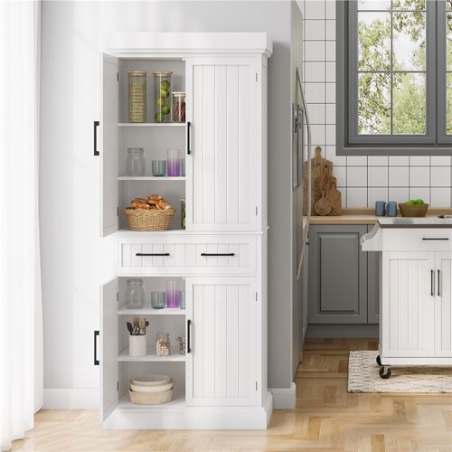 Armoire De Rangement En Bois Avec 6 Étagères Et 2 Tiroirs Meuble Haute De Rangement, Blanc