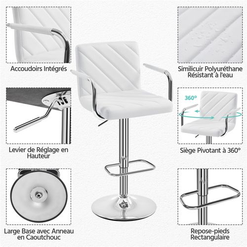 Lot De 2 Chaises De Bar En Similicuir Avec Sièges Rembourrés Réglables En Hauteur, Blanc