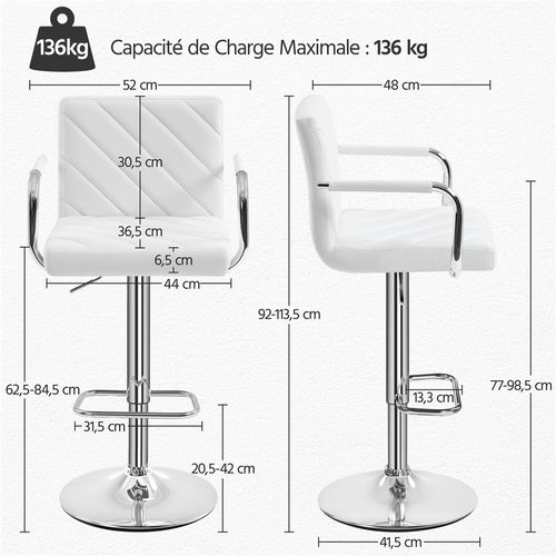 Lot De 2 Chaises De Bar En Similicuir Avec Sièges Rembourrés Réglables En Hauteur, Blanc