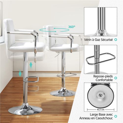 Lot De 2 Chaises De Bar En Similicuir Avec Sièges Rembourrés Réglables En Hauteur, Blanc