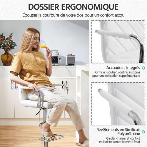 Lot De 2 Chaises De Bar En Similicuir Avec Sièges Rembourrés Réglables En Hauteur, Blanc