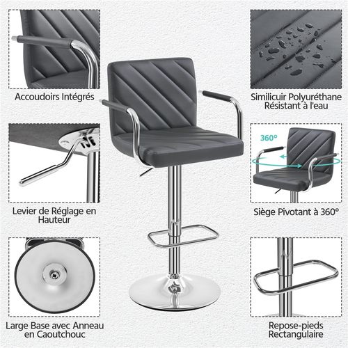 Lot De 2 Chaises De Bar En Similicuir Avec Sièges Rembourrés Réglables En Hauteur, Gris Foncé