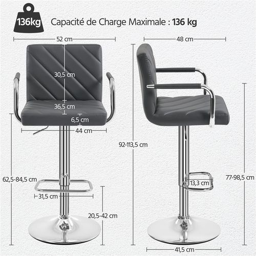 Lot De 2 Chaises De Bar En Similicuir Avec Sièges Rembourrés Réglables En Hauteur, Gris Foncé