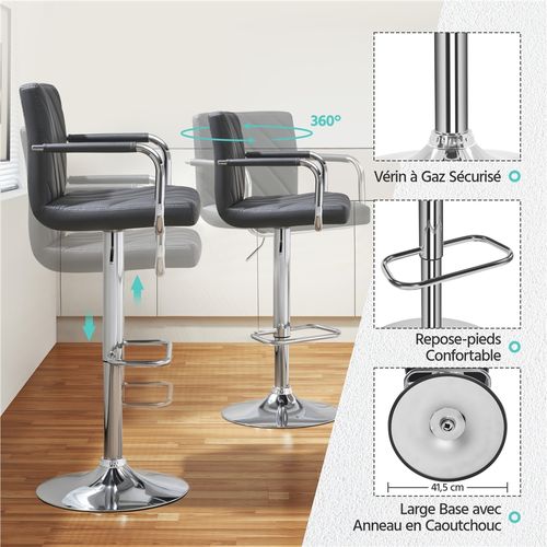 Lot De 2 Chaises De Bar En Similicuir Avec Sièges Rembourrés Réglables En Hauteur, Gris Foncé