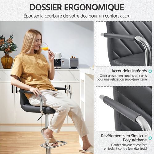 Lot De 2 Chaises De Bar En Similicuir Avec Sièges Rembourrés Réglables En Hauteur, Gris Foncé