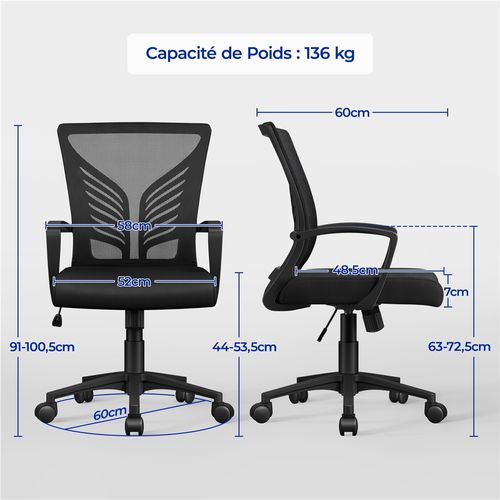 Chaise De Bureau En Maille Mesh Avec Support Lombaire Et Siège Réglable En Hauteur, Noir