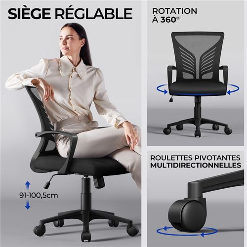 Lot De 2 Chaises De Bureau En Maille Mesh Avec Support Lombaire Et Sièges Inclinables, Noir