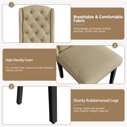 Lot De 2 Chaises De Salle à Manger En Tissu Effet Lin Avec Pieds En Bois Massif, Kaki