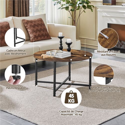 Table Basse Ronde En Bois Et Métal Table Basse Avec Plateau D'épissage, Marron Rustique