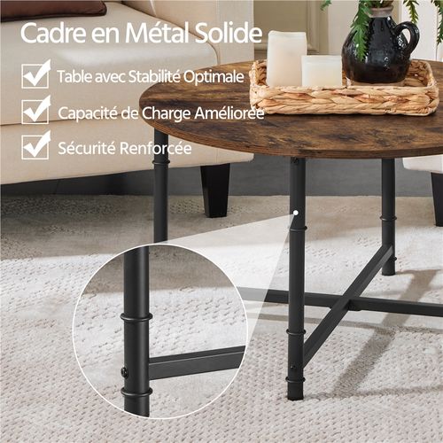 Table Basse Ronde En Bois Et Métal Table Basse Avec Plateau D'épissage, Marron Rustique