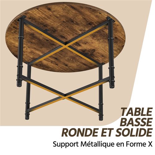 Table Basse Ronde En Bois Et Métal Table Basse Avec Plateau D'épissage, Marron Rustique