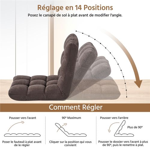 Chaise De Sol Pliable Réglable En 14 Positions Chaise Sans Pieds Bien Rembourré, Brun