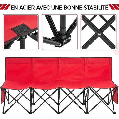 Banc De Camping Pliable 4 Places Avec Haut Dossier, Poches Latéraux Et Sac De Transport, Rouge