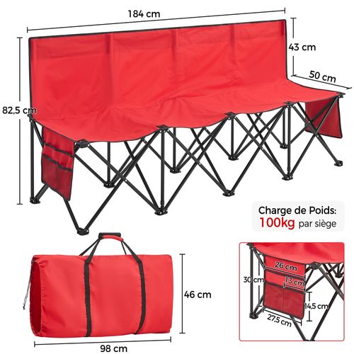 Banc De Camping Pliable 4 Places Avec Haut Dossier, Poches Latéraux Et Sac De Transport, Rouge