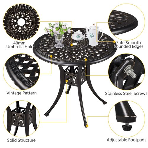 Table De Bistrot Ronde En Métal Alliage Avec Trou Pour Parasol Pour Extérieur, Bronze