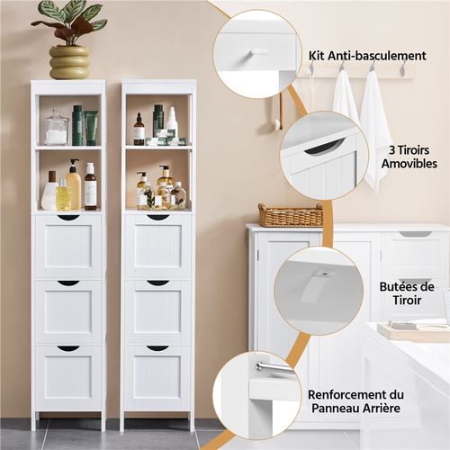 Colonne Salle De Bain En Bois Avec 3 Tiroirs Et 2 Casiers Ouverts 142 Cm De Haut Blanc