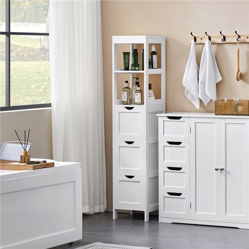 Colonne Salle De Bain En Bois Avec 3 Tiroirs Et 2 Casiers Ouverts 142 Cm De Haut Blanc