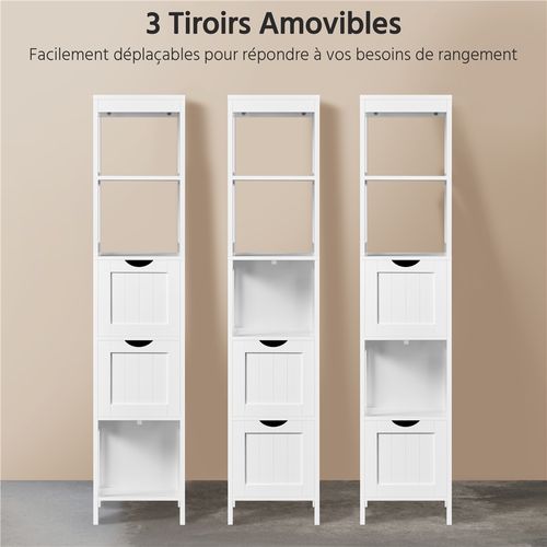Colonne Salle De Bain En Bois Avec 3 Tiroirs Et 2 Casiers Ouverts 142 Cm De Haut Blanc