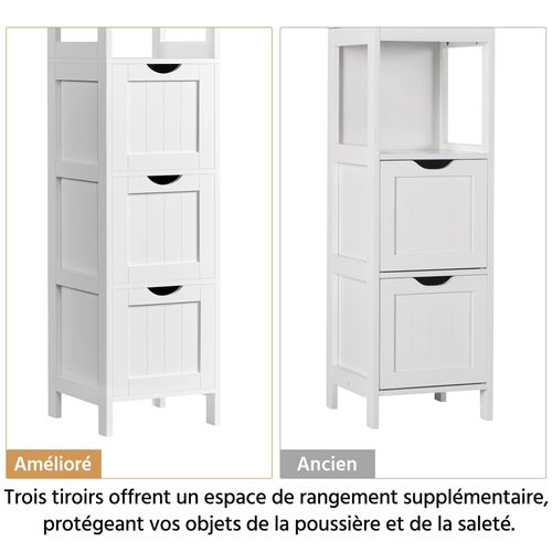 Colonne Salle De Bain En Bois Avec 3 Tiroirs Et 2 Casiers Ouverts 142 Cm De Haut Blanc