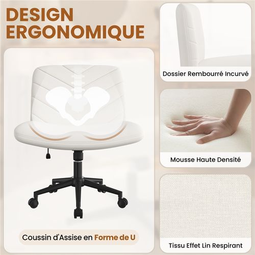 Chaise De Bureau Pivotante En Tissu Effet Lin Avec Pieds Croisés Sans Accoudoirs, Beige