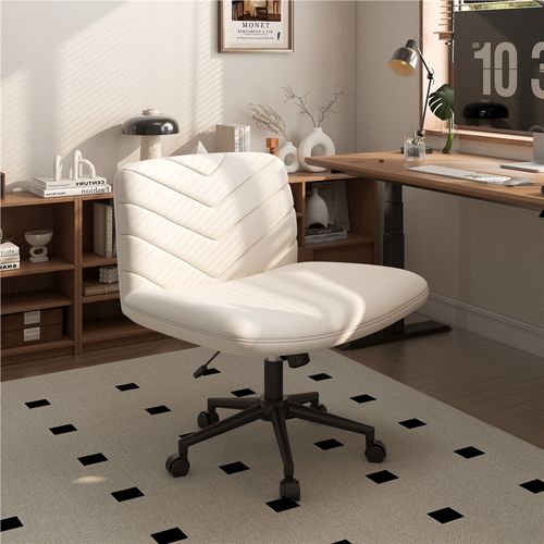 Chaise De Bureau Pivotante En Tissu Effet Lin Avec Pieds Croisés Sans Accoudoirs, Beige