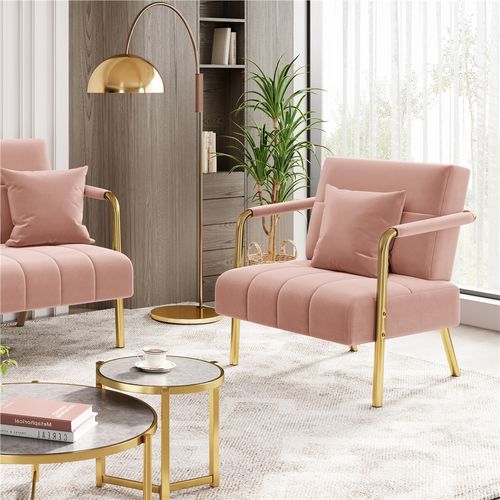 Fauteuil De Salon En Velours Avec Coussin Carré Et Cadre En Métal Doré, Rose