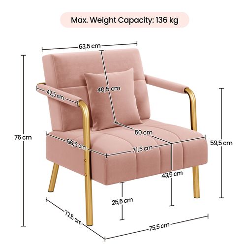 Fauteuil De Salon En Velours Avec Coussin Carré Et Cadre En Métal Doré, Rose