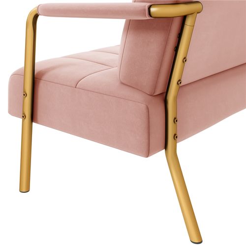 Fauteuil De Salon En Velours Avec Coussin Carré Et Cadre En Métal Doré, Rose