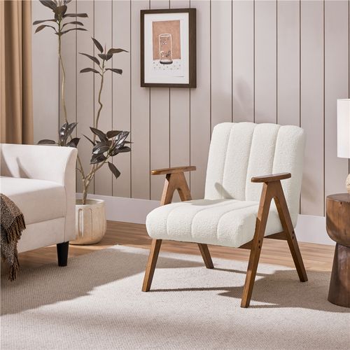Fauteuil De Salon Moderne Rembourré En Tissu Bouclette Avec Pieds En Bois Massif, Blanc
