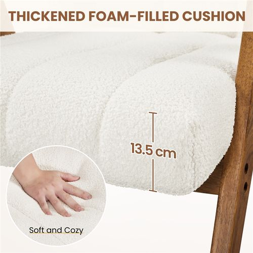 Fauteuil De Salon Moderne Rembourré En Tissu Bouclette Avec Pieds En Bois Massif, Blanc