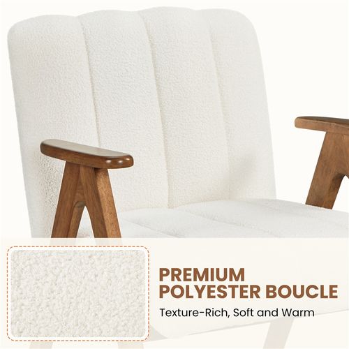 Fauteuil De Salon Moderne Rembourré En Tissu Bouclette Avec Pieds En Bois Massif, Blanc