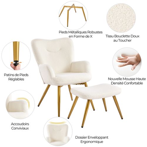 Fauteuil Avec Repose-pieds En Tissu Bouclé Pieds En Métal Dorés Avec Haut Dossier, Ivoire