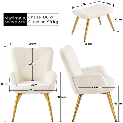 Fauteuil Avec Repose-pieds En Tissu Bouclé Pieds En Métal Dorés Avec Haut Dossier, Ivoire
