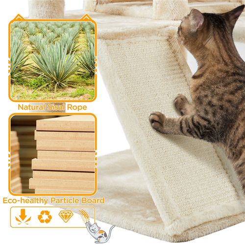 Arbre à Chat Multiniveau Avec Cachettes, Panier, Perchoirs, Rampe Et Poteaux En Sisal, Beige
