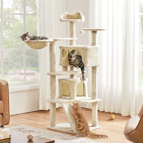 Arbre à Chat Multiniveau Avec Cachettes, Panier, Perchoirs, Rampe Et Poteaux En Sisal, Beige