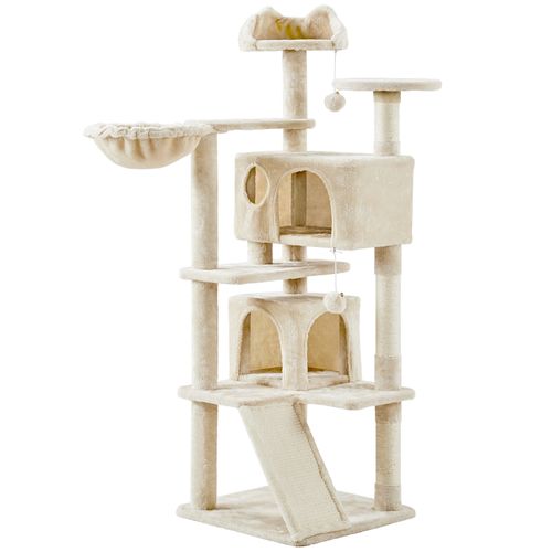 Arbre à Chat Multiniveau Avec Cachettes, Panier, Perchoirs, Rampe Et Poteaux En Sisal, Beige
