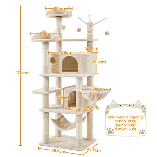 Arbre à Chat Multiniveau Avec Poteaux En Sisal, Niches Et Hamac, 170 Cm De Haut Beige